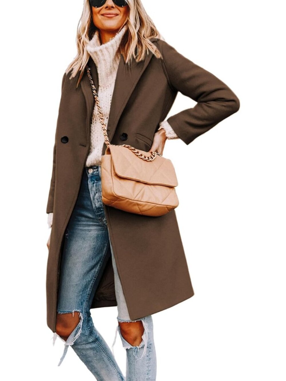 Women's Brown Wool Blend Notch Lapel Double-Breasted Mid-Long Trench Pea Coat